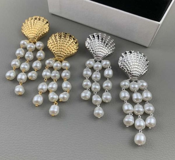 2022 Brand Fashion Pearl Jewelry Gold Color Shell Design Boucles d'oreilles Tassel Pearls Party Luxury Brand Top Quality Big Size3724916