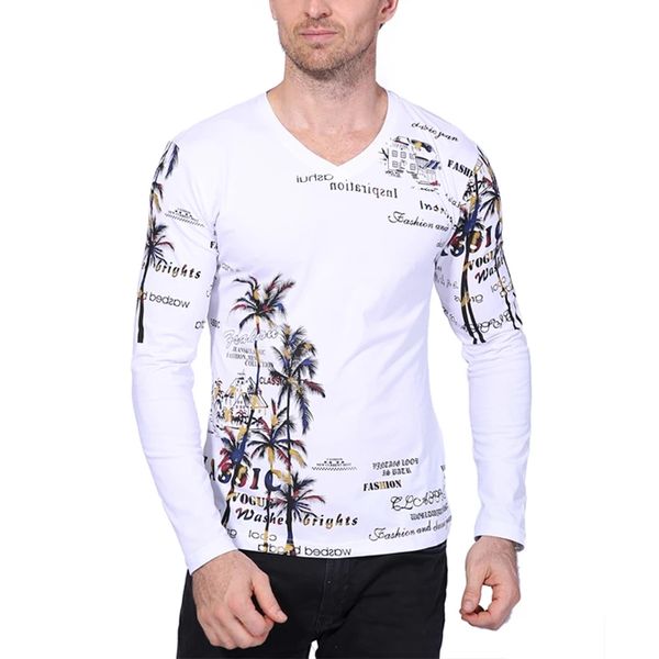2022 marque hommes T-Shirts noix de coco île imprimer col en V à manches longues coupe ajustée t-shirt hommes de haute qualité T-shirts décontractés chemises