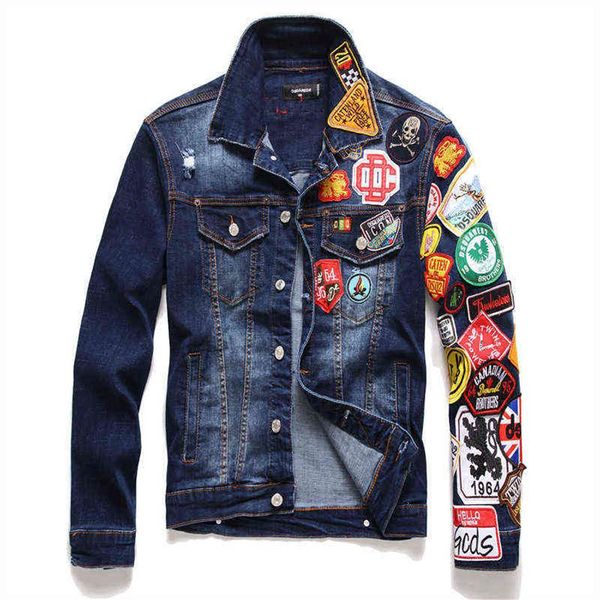 2022 Marca Chaquetas de mezclilla para hombre Moda para hombre Casual Slim Ripped Badge Jean Coats Street Hip Hop Punk Blue D2 Denim Coats212K