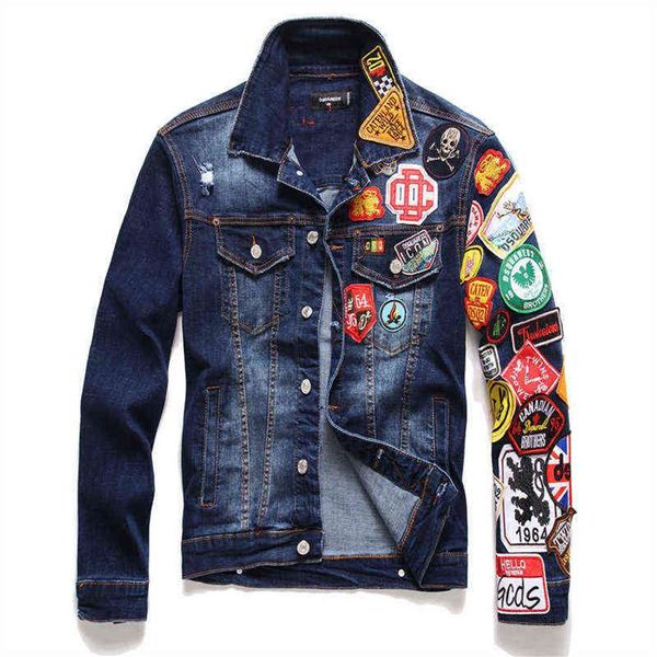 Chaquetas vaqueras para hombre de marca 2022, abrigos vaqueros con insignia rasgada informal a la moda para hombre, abrigos vaqueros estilo Hip Hop Punk azul D2, abrigos vaqueros 260M