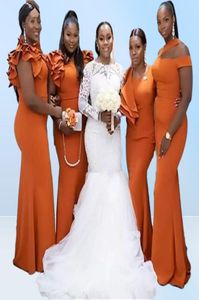 2022 Burnt Orange Mermaid Bruidsmeisje Jurken Long Black Girl Bruidsmeisje Jurk Ruches Elastic Satin Wedding Party Plus Size Maid O1475924