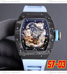 2022 Fibra de carbono TPT Miyota Tourbillon automático Reloj para hombre 3D Zafiro Dragón Esqueleto Dial Correa de caucho azul Super edición Jack Chen Puretime01 E280-5703-a1