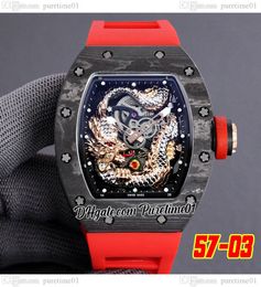 2022 Fibra de carbono TPT Miyota Tourbillon automático Reloj para hombre Zafiro 3D Dragon Skeleton Dial Correa de caucho rojo oscuro Super Edition Jack Chen Puretime01 E280-5703-D4