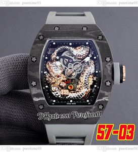 2022 Koolstofvezel TPT Miyota Automatische Tourbillon Mens Watch 3D Sapphire Dragon Skeleton Dial Gray Rubber Riem Super Edition Jack Chen Puretime01 E280-5703-B2