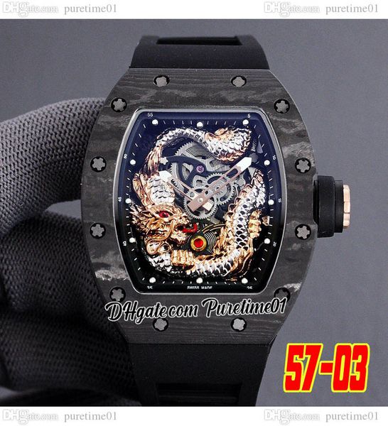 2022 Fibra de carbono TPT Miyota Tourbillon automático Reloj para hombre 3D Zafiro Dragón Esqueleto Dial Correa de caucho negra oscura Super edición Jack Chen Puretime01 E280-5703-E5