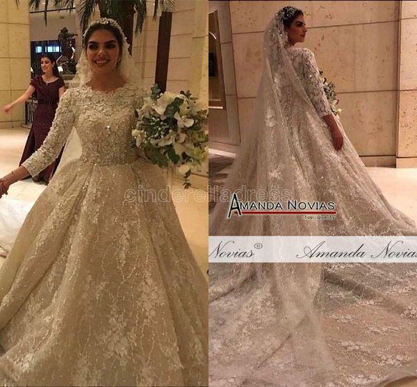 Robe de mariée à fleurs Champagne 3D, robe de mariée musulmane, manches longues, dos nu, grande taille, photos réelles, BC10138, 2022