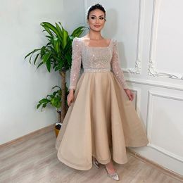 2022 Champagne cheville longueur soirée robes de bal col carré corsage en cristal perlé manches longues caftan marocain robe de soirée formelle paillettes arabe Dubaï Lady Wear