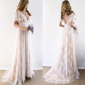 2022 Champagne Country Bohemian Trouwjurk Jurken V-hals Korte Mouwen Lace Backless Bruidsjurken Plus size282b