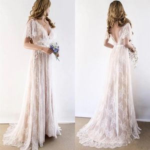 2022 Champagne Country Bohemian Trouwjurk Jurken V-hals Korte Mouwen Lace Backless Bruidsjurken Plus size237t