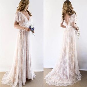 2022 Champagne Country Bohemian Trouwjurk Jurken V-hals Korte Mouwen Lace Backless Bruidsjurken Plus size205V