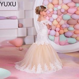 2023 Champagne Zeemeermin Bloemenmeisje Jurken 3D Bloemen Applique Mooie Meisjes Pageant Jurk kant Little Kids Verjaardagsfeestje Prom Jassen