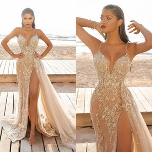 2022 Champagne Mermaid High Split Vestidos de baile robes de soirée Correas de espagueti Vestidos de noche con cuentas de encaje Falda larga Tren de barrido Vestido de fiesta de tul