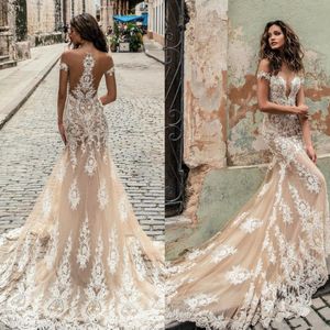 2022 Champagne Vintage Kant Mermaid Trouwjurk Sheer Jewel Hals Nep Off Schouder Bruidsjurken Hof Trein Sexy Boho Beach Trouwjurken Robe de Mariée