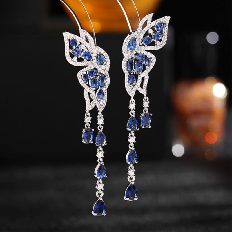 2022 Chandelier S925 silver needle color zircon inlaid long wing wing double decorated face butterfly water drop tassel earrings