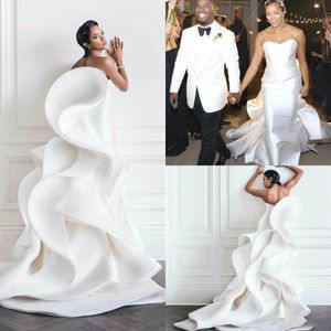2022 Cheap Ruffles White Wedding Dresses Sweetheart Sweep Train Tiered Skirts Satin Mermaid Wedding Gowns African Plus Size Bridal Dress CG001