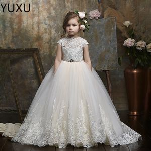 2022 Vestidos baratos para niñas de flores blancas para bodas Apliques de encaje Volantes Ropa formal para niños Sin mangas Por encargo Vestido de desfile para niñas de Long Beach