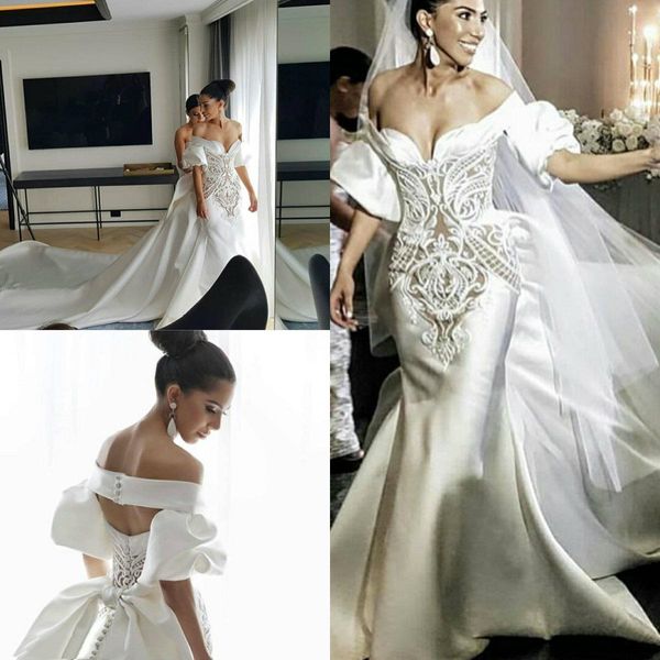 2022 elegante satén sirena vestidos de novia fuera del hombro mangas cortas apliques de encaje tren largo vestidos de boda Sexy capilla iglesia vestido de novia