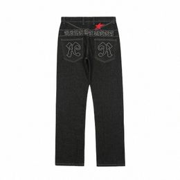 2022 Chic Star Lettre Broderie Noir Hip Hop Hommes Jeans Droit Pantalon Streetwear Mâle Baggy Denim Pantalon Nouveau Fi Spodnie H81n #