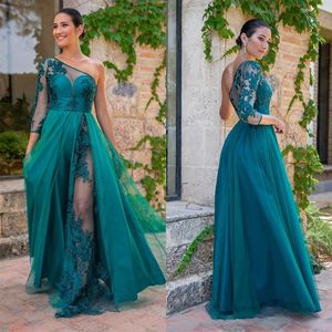 2022 Chic Türkis Spitze Brautjungfernkleider One Shoulder A Line Sheer Long Sleeve Plus Size Country Maid of Honor Kleider Prom Dress2914