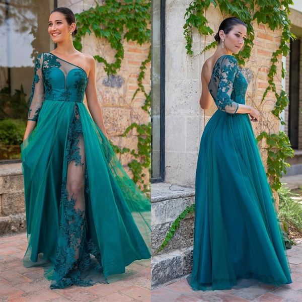 2022 Chic Abiti da damigella d'onore in pizzo turchese Una spalla Una linea Sheer Manica lunga Plus Size Country Abiti da damigella d'onore Prom Dress228M