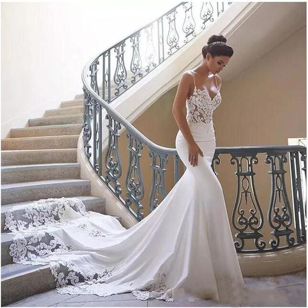 2022 mousseline de soie plage robes de mariée bretelles spaghetti sirène dentelle appliques sur mesure robe de mariée dos nu robes de mariée