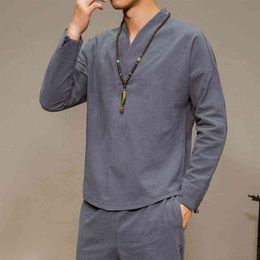 2022 Chinois en lin tang Tang Suit Men Long Manche Vintage Tai Chi V-Neck Tshirt Pantal