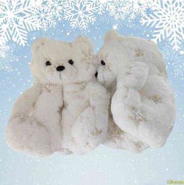 2022 Kerstsneeuwvlok teddybeer voor slippers vrouwen pluche huis indoor zachte anti-slip faux bont schattige slipper winter warme schoen G220730