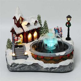 2022 Kerst dorp decoratie sneeuw huis xmas muziek lichtgevend kan spuit water ornamenten jaar home decor 211104