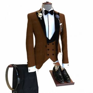 2022 Costume marron classique hommes 3 pièces sur mesure Fi marié costume de mariage smoking élégant fête busin blazer gilet pantalon ensemble j1Et #