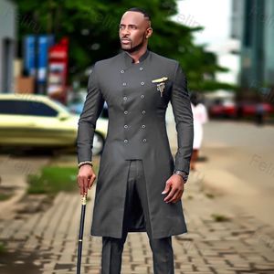 2022 Klassiek Donkergrijs Herenpak Slim Fit Trouwkostuum Voor Mannen Bruidegom Tuxedo Afrikaanse Bruiloft Double Breasted Beste Man Blazer (jas + broek)