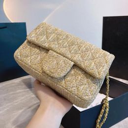 2022 Classic Mini Flap Cross Body Bags Designer de luxe Womens Chain avec Crush Gold Ball Sac à bandoulière Raphia Leather Shoulder Square Sacs à main