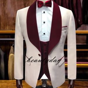 2022 Trajes para hombre de esmoquin de boda con clase Slim Fit Shawl Lapel Velevt Prom BestMan Groomsmen Blazer Designs Conjunto de 3 piezas (chaqueta + chaleco + pantalones + lazo) Imagen real hecha a medida B2021