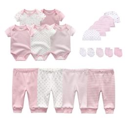 2022 Cotton Solid Baby Sets Unisex Bodysuitspantshats Gloves Baby Girl Boy Clothy Manga corta Roupas de Bebe 220224575638227772053
