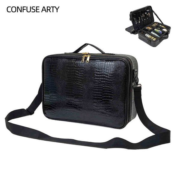 Sac à cosmétiques en cuir Pu Crocodile, boîte de maquillage professionnelle, rangement de grande capacité, valise de maquillage de toilette de voyage, 2022