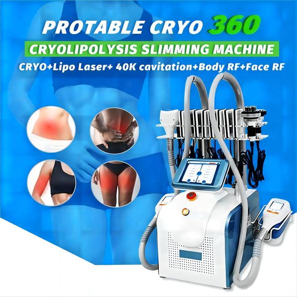 CRYO 360 ° Cryolipolysis Fat Freeze 7 en 1 Máquina de adelgazamiento esculpir el cuerpo pérdida de peso 3 asas criogénicas + cavitación 40K + RF corporal + RF facial + láser Lipo