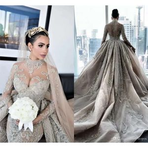 2022 Robes de mariée sirène à col haut en perles de cristal avec train détachable sexy, plus la taille, manches longues, robe de mariée musulmane arabe