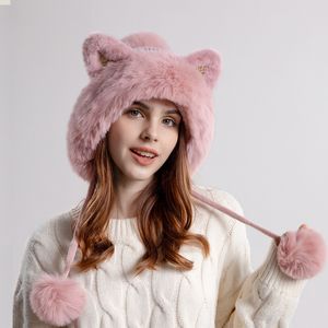 2022 Leuke Kat Oor Bont Hoeden Vrouwen Russische Ushanka Aviator Trapper Sneeuw Skiën Hoed Caps Oorklep Winter Wasbeer bont Bomber Hoed