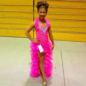 2022 Leuke Meisjes Kerst Pageant Jurken Fuchsia Organza Crystal High low Little Kids Voor Bruiloft Halter Glitz Cupcake Kids Party294y