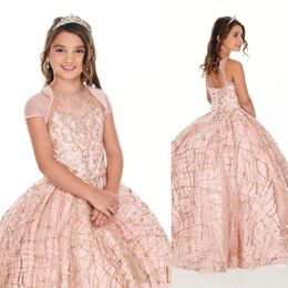 2022 Leuke roségouden lovertjes kantmeisjes Pageant jurken kristal kralen blush roze kinderen prom jurk verjaardagsfeestjes jurken voor klein meisje 270T