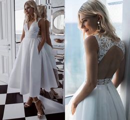 2022 schattig wit ivoor korte trouwjurk V-hals Vintage thee-lengte bruidsjurken backless a line bruid jurk vestido novia robe de mariée