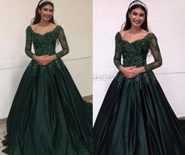 2022 Donkergroene lange mouwen Prom Jurken Quinceanera A-Lijn Applique Beaded Satijn Formele Avondjurken Elegante Womens Speciale Gelegenheid EE EE