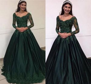 2022 Donkergroene lange mouwen Prom Jurken Quinceanera A-lijn Applique Beaded Satijn Formele avondjurken Elegante Womens Speciale gelegenheid