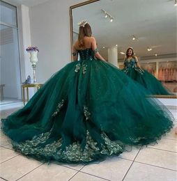 2022 Donkergroene Quinceanera Jurken Baljurk Liefje Off Shoulder Goud Kant Lovertjes Kristal Kralen Korset Terug Jurk Sweet 16 Vestido De 15 Anos Quinceanera