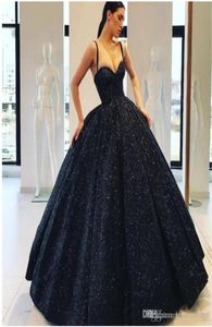 2022 Dark Navy Sparkle Bling -pailletten baljurk Quinceanera jurken avond prom -jurken formele spaghetti riemen vloerlengte feest o7602445