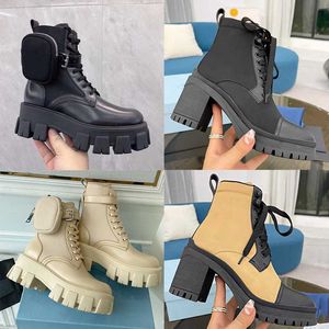Ontwerpers Men Boots Platform geborstelde Rois Boot Top Cowskin Leather Nylon Martin Boot met verwijderbare zak Black Fashion Women Outdoor Shoes No43