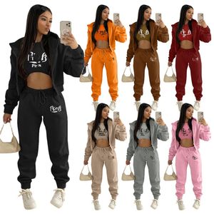 2024 Diseñador Marca Fleece Chándales Mujeres Trajes de jogging Chaqueta con capucha Pantalones de tanque Impresión rosa Conjuntos de 3 piezas Trajes de manga larga Trajes Ropa casual suelta 8902-1