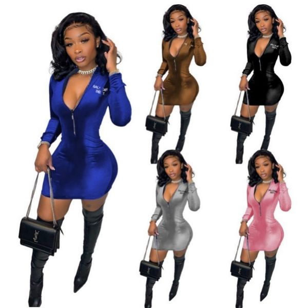 2024 Diseñador Marca Terciopelo Vestidos de mujer Sexy vaina Lady Mini vestido Carta Zip Party Club Batas Vestidos de manga larga Traje de una pieza Otoño Invierno Ropa 8889-9