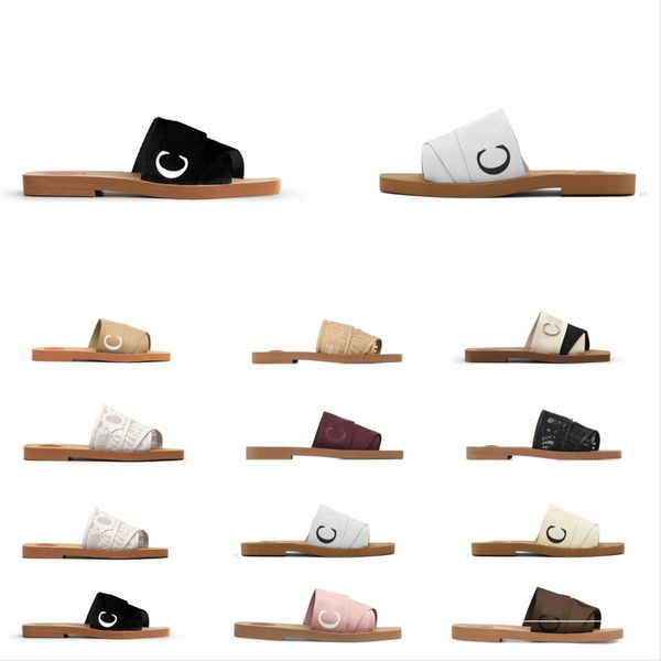 2022 Diseñador Zapatillas de lona Mujeres Woody Mules Sandalias planas Diapositivas de goma Blanco Negro Rosa Vela Burdeos Encaje Letras Tela para mujer Verano Zapatos al aire libre 35-42