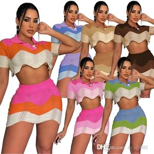 2022 Ropa de diseñador Mujeres Vestido de dos piezas Conjunto Primavera Verano Moda Polo Camisa Lana Multicolor Slim Fit Bolsa Hip Falda Trajes