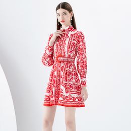 2023 Designer Paisley Bloemen Shirt Jurk Vrouwen Lange Mouwen Single-Breasted Opstaande Kraag Gedrukt Slanke A-lijn Holiday Party Mini Jurken lente Herfst Dame Jurken